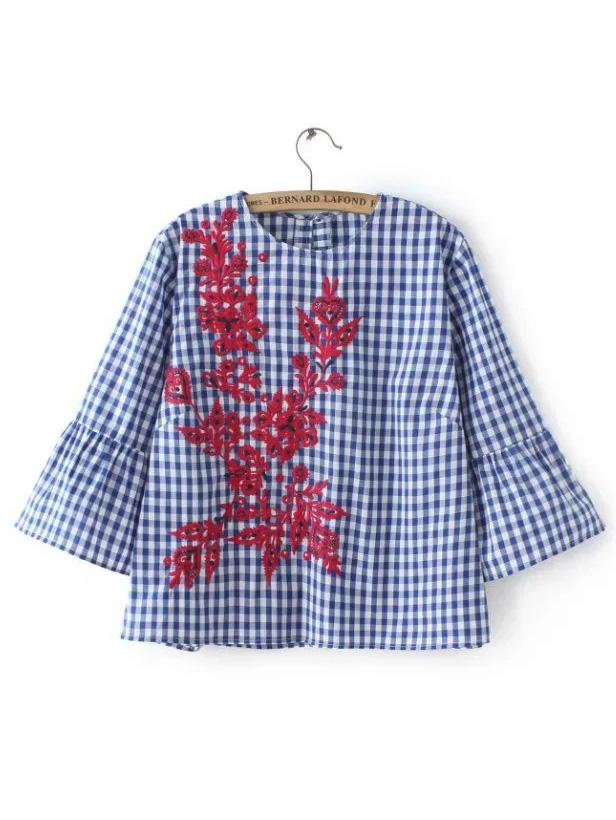 Romwe Blue Plaid Contrast Floral Embroidery Blouse