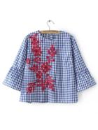 Romwe Blue Plaid Contrast Floral Embroidery Blouse