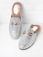 Romwe Glitter Overlay Loafer Mules With Faux Fur