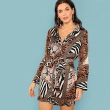 Romwe Animal Print Tie Waist Shirt Dress