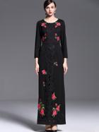 Romwe Black Round Neck Long Sleeve Embroidered Dress