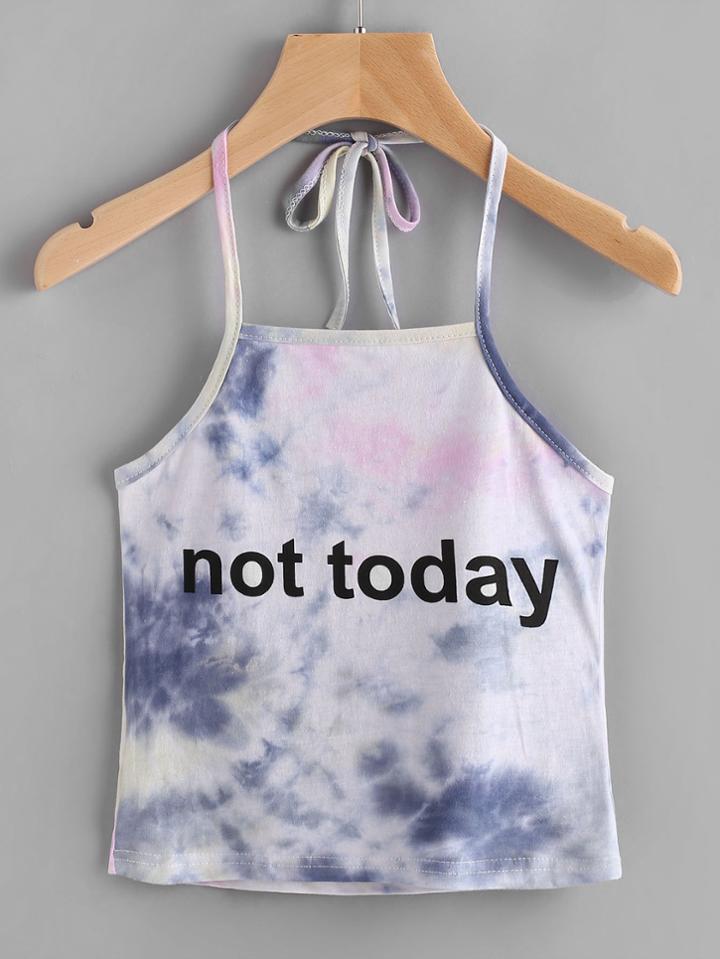 Romwe Halter Neck Letter Print Tie Dye Top