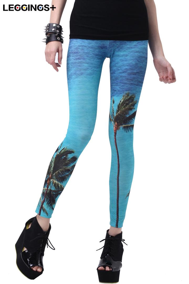 Romwe Romwe Hainan Island Print Sky Blue Leggings