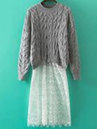 Romwe Contrast Lace Cable Knit Grey Sweater Dress