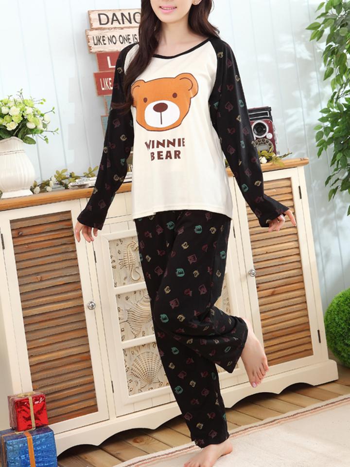 Romwe Bear Print Raglan Sleeve Tee & Pants Pj Set