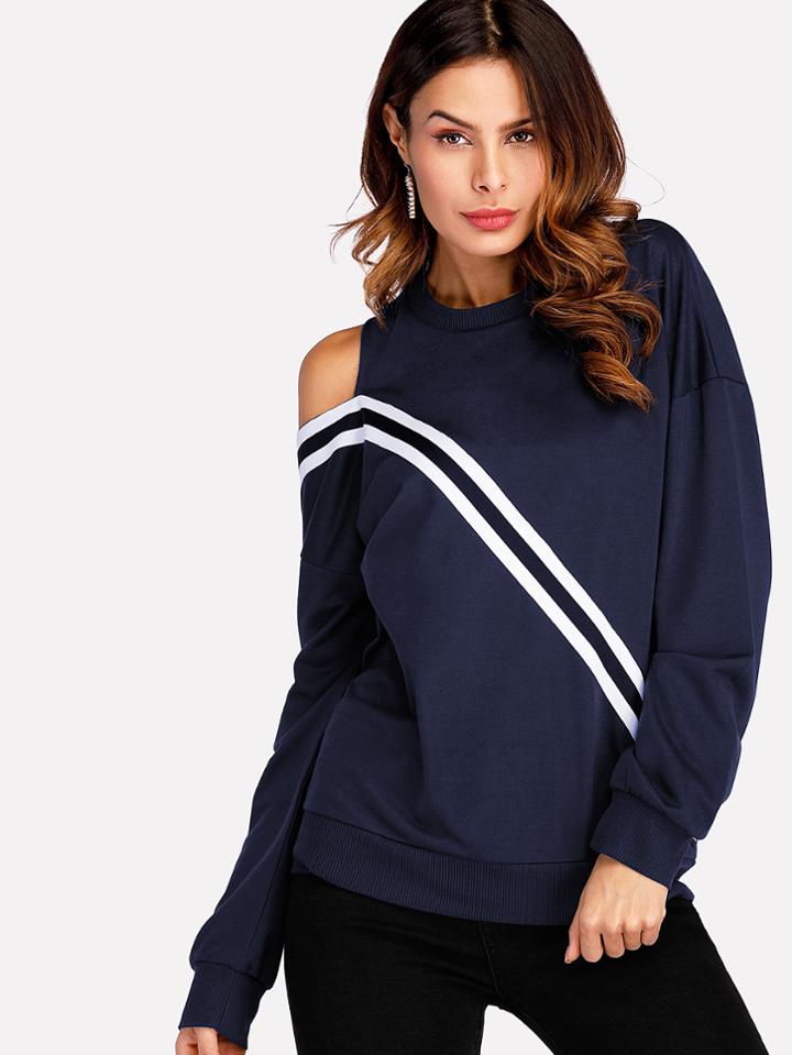 Romwe Cut Out Shoulder Striped Tape Sweatshirt