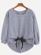 Romwe Checkered Bow Tie High Low Blouse