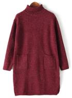 Romwe High Neck Pockets Loose Knit Wine Red Sweater