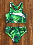 Romwe Green Leaf Print Ladder Cutout Racer Back Tankini