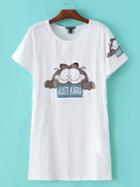 Romwe White Round Neck Cat Printed Slim T-shirt