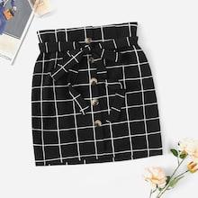 Romwe Button Front Grid Belted Skirt