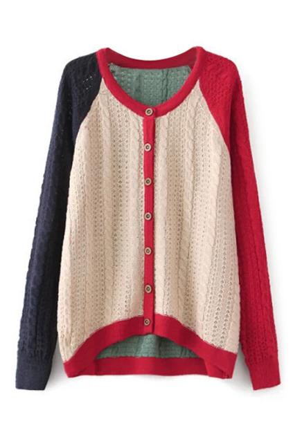 Romwe Color Block Buttoned Asymmetric Cardigan