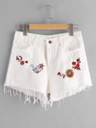 Romwe Floral Embroidered Destroy Fray Hem Denim Shorts