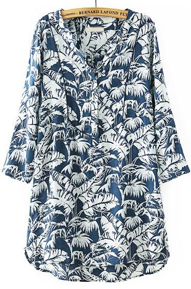 Romwe V Neck Leaves Print Shift Dress