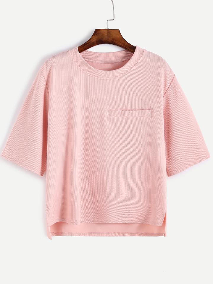 Romwe Pink Elbow Sleeve Dip Hem T-shirt