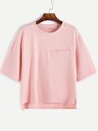 Romwe Pink Elbow Sleeve Dip Hem T-shirt