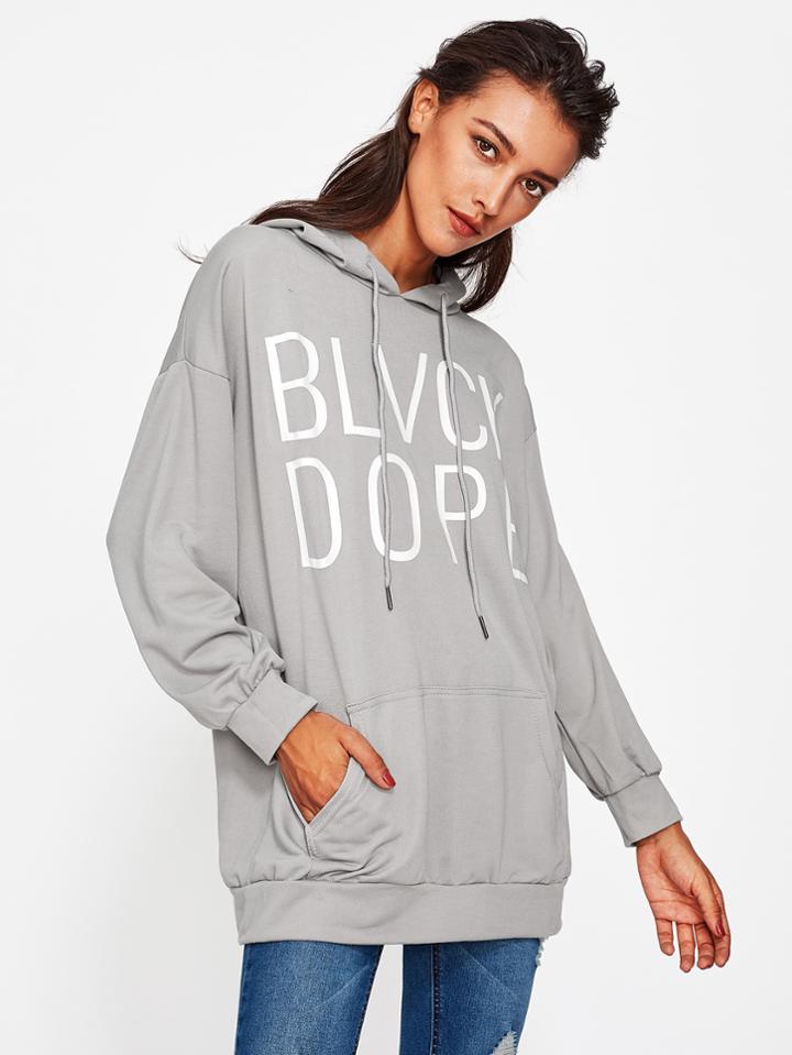 Romwe Hooded Letter Print Kangaroo Pocket Sweatshirt