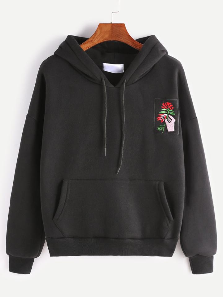 Romwe Black Drop Shoulder Hand Rose Embroidery Pocket Hoodie