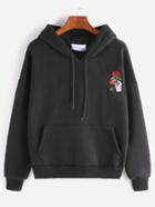 Romwe Black Drop Shoulder Hand Rose Embroidery Pocket Hoodie