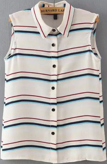 Romwe Lapel With Buttons Striped Red Tank Top