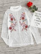 Romwe Sheer Lace Floral Embroidered Applique Top