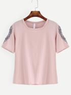 Romwe Pink Embroidered Open Shoulder T-shirt