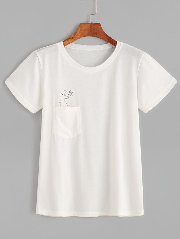 Romwe White Graffiti Print Pocket T-shirt