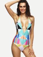 Romwe Multicolor Geometric Print Plunge Neck Cutout Swimsuit