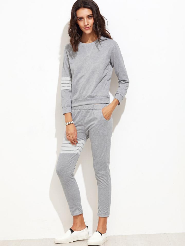 Romwe Light Grey Striped Sweatshirt With Elastic Waist Pants