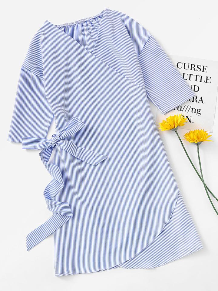 Romwe V Neckline Pinstripe Bow Tie Surplice Dress