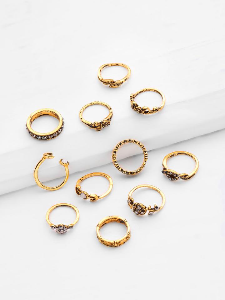 Romwe Rhinestone Rose And Leaf Design Retro Ring Set 11pcs