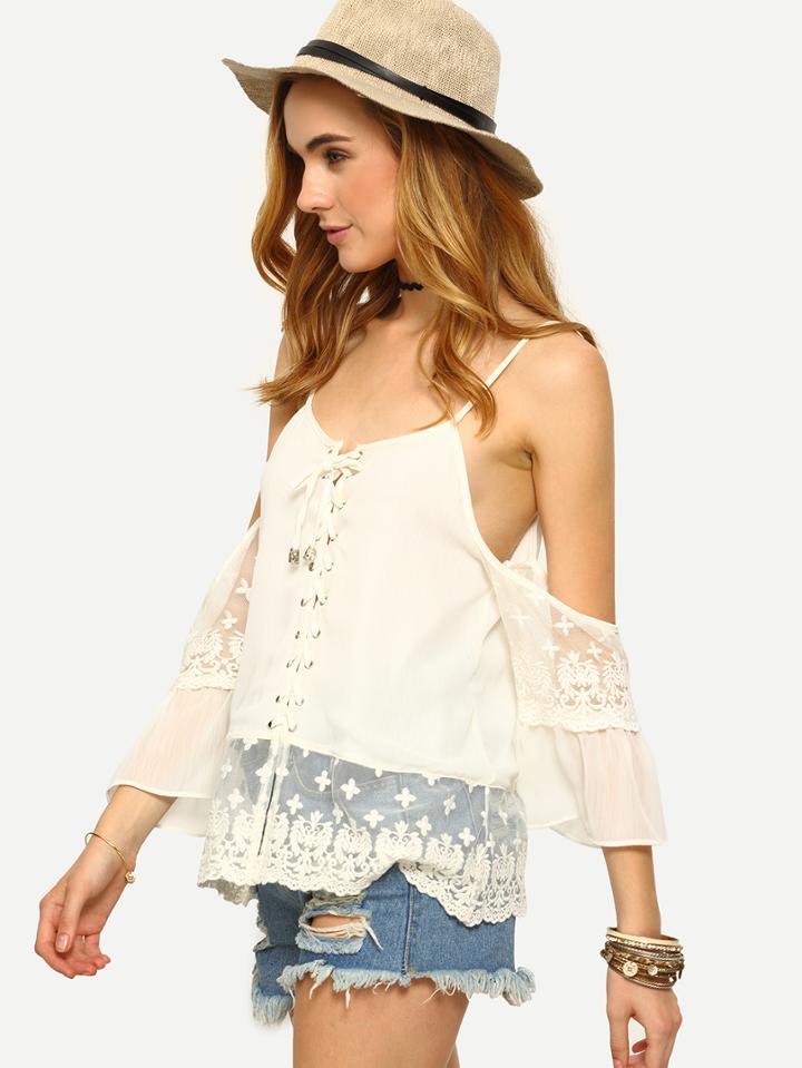 Romwe Cold Shoulder Lace Trimmed Lace-up Top - White