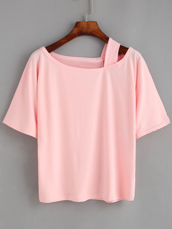 Romwe Pink Cutout Asymmetric Shoulder T-shirt