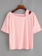 Romwe Pink Cutout Asymmetric Shoulder T-shirt