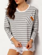 Romwe Striped Loose Grey Sweatshirt With Pocket