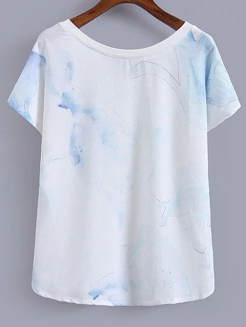 Romwe Cat Print Back V Cut T-shirt