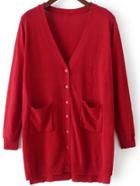 Romwe With Pockets Hollow Side Slit Red Cardigan