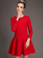 Romwe Red Round Neck Long Sleeve Contrast Gauze Knit Dress