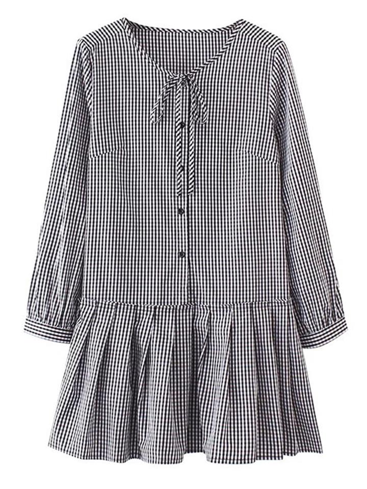 Romwe Tie Neck Pleated Hem Grid Shirt Dress
