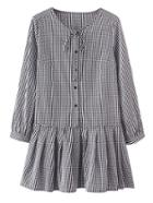 Romwe Tie Neck Pleated Hem Grid Shirt Dress