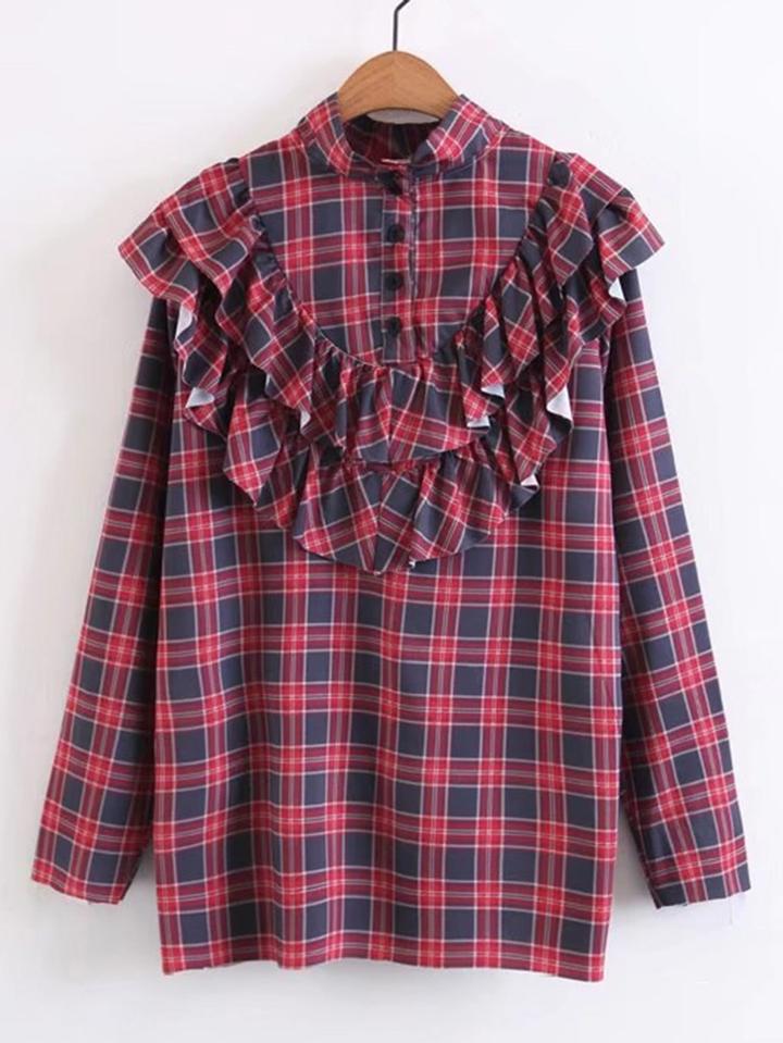 Romwe Layered Flounce Plaid Blouse