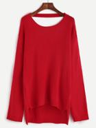 Romwe Red Cutout V Back High Low Sweater
