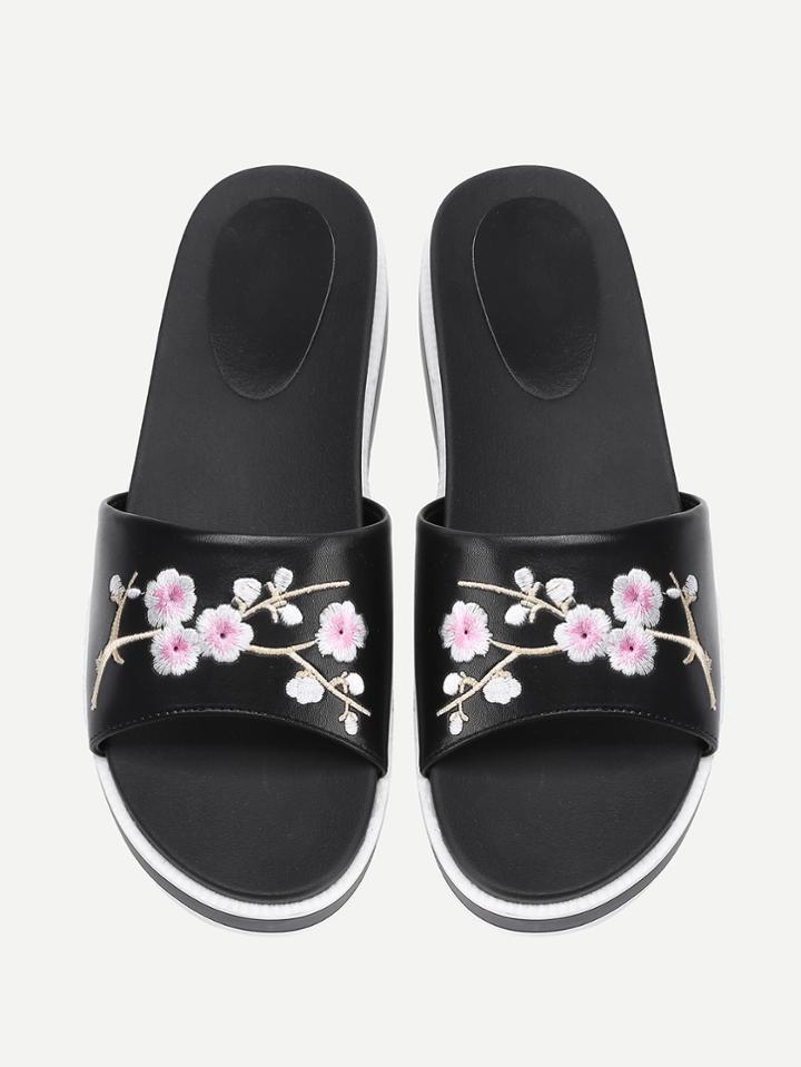 Romwe Calico Embroidery Flatform Sliders