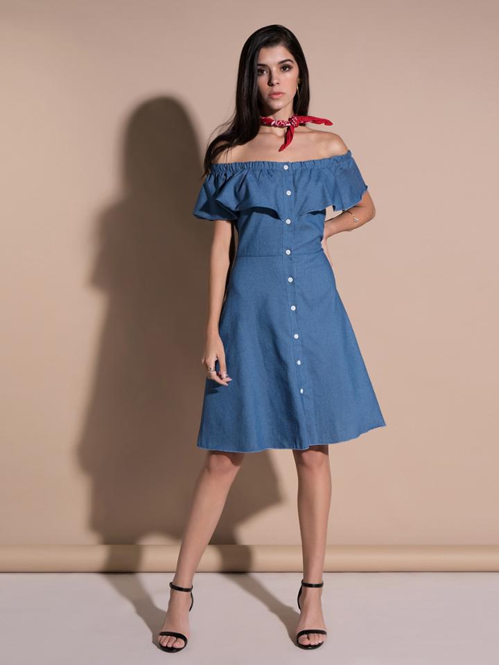 Romwe Denim Off Shoulder Ruffle Dress