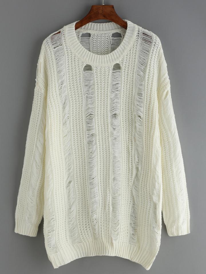 Romwe Long Sleeve Ripped Loose White Sweater