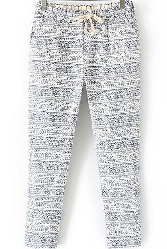 Romwe Drawstring Pocket Tribal Print Blue Pant