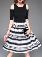 Romwe Black White Open Shoulder Striped A-line Dress