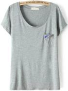 Romwe With Pocket Elephant Embroidered Grey T-shirt