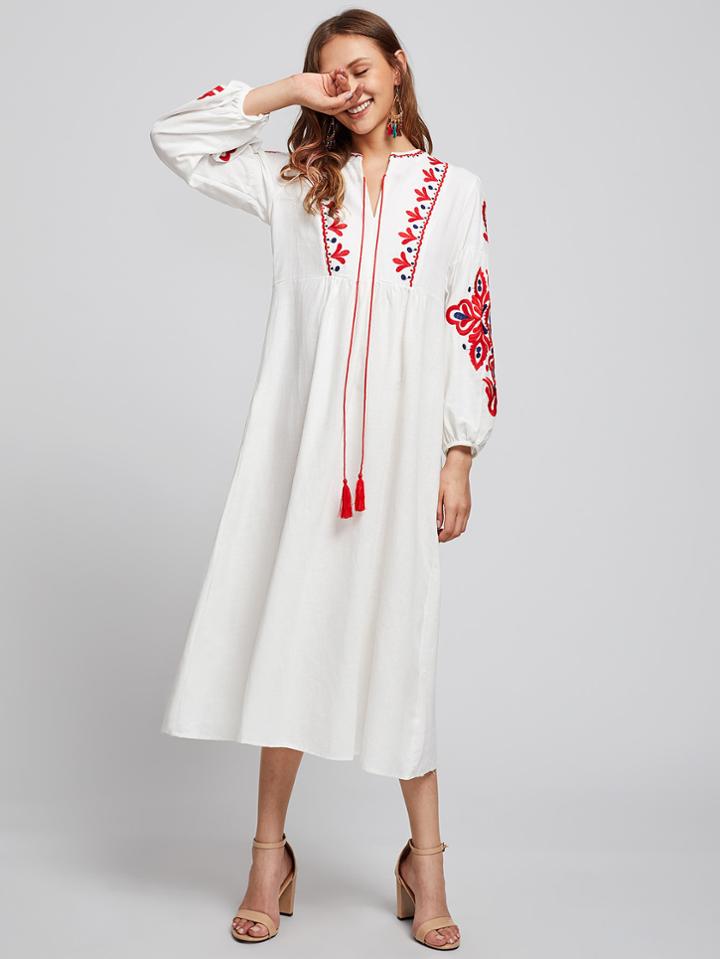 Romwe Embroidered Lantern Sleeve Fringe Dress