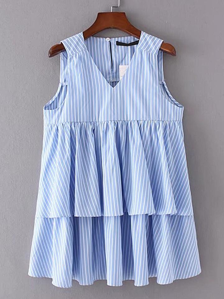 Romwe Vertical Striped Tiered Trim Tank Dress